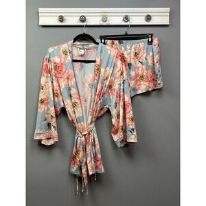 Linea Donatella Pajama Set Womens Medium Blue Pink Floral Kimono Robe Shorts‎